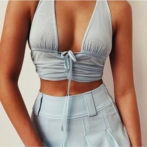 NWT I. Am. Gia Light Blue Ruched Halter Crop Top